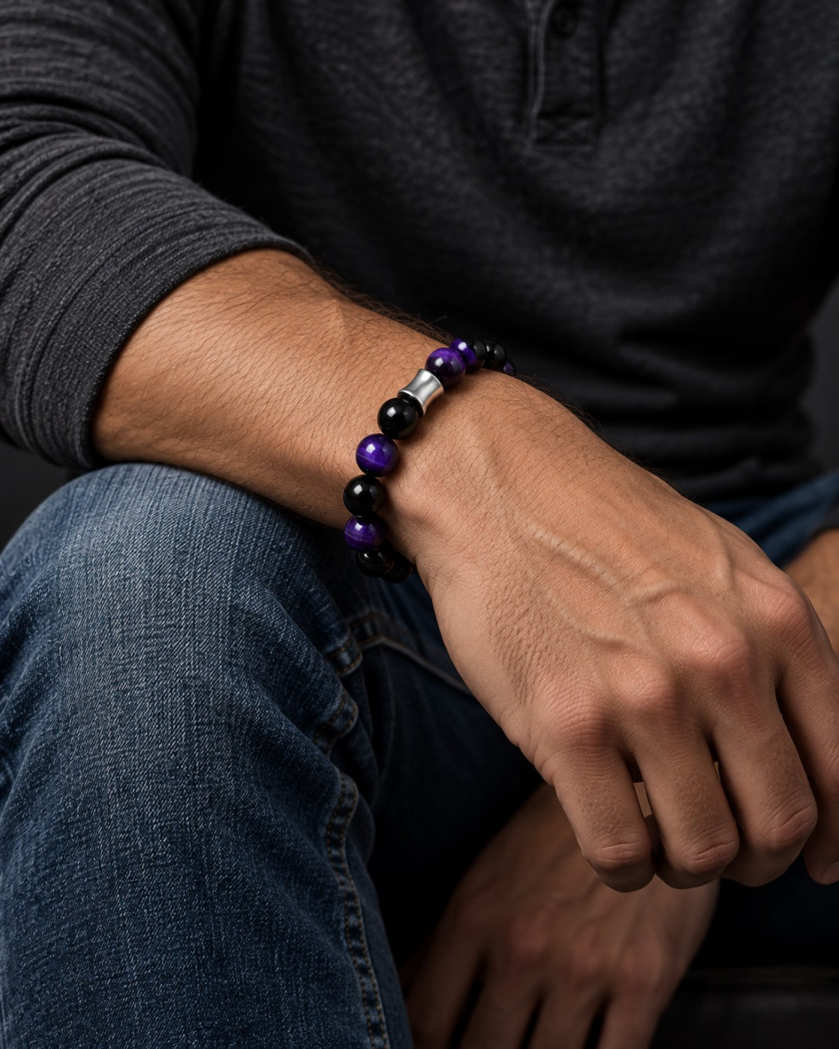 Men's Black Obsidian Purple Tiger Eye bracelet wrist shot