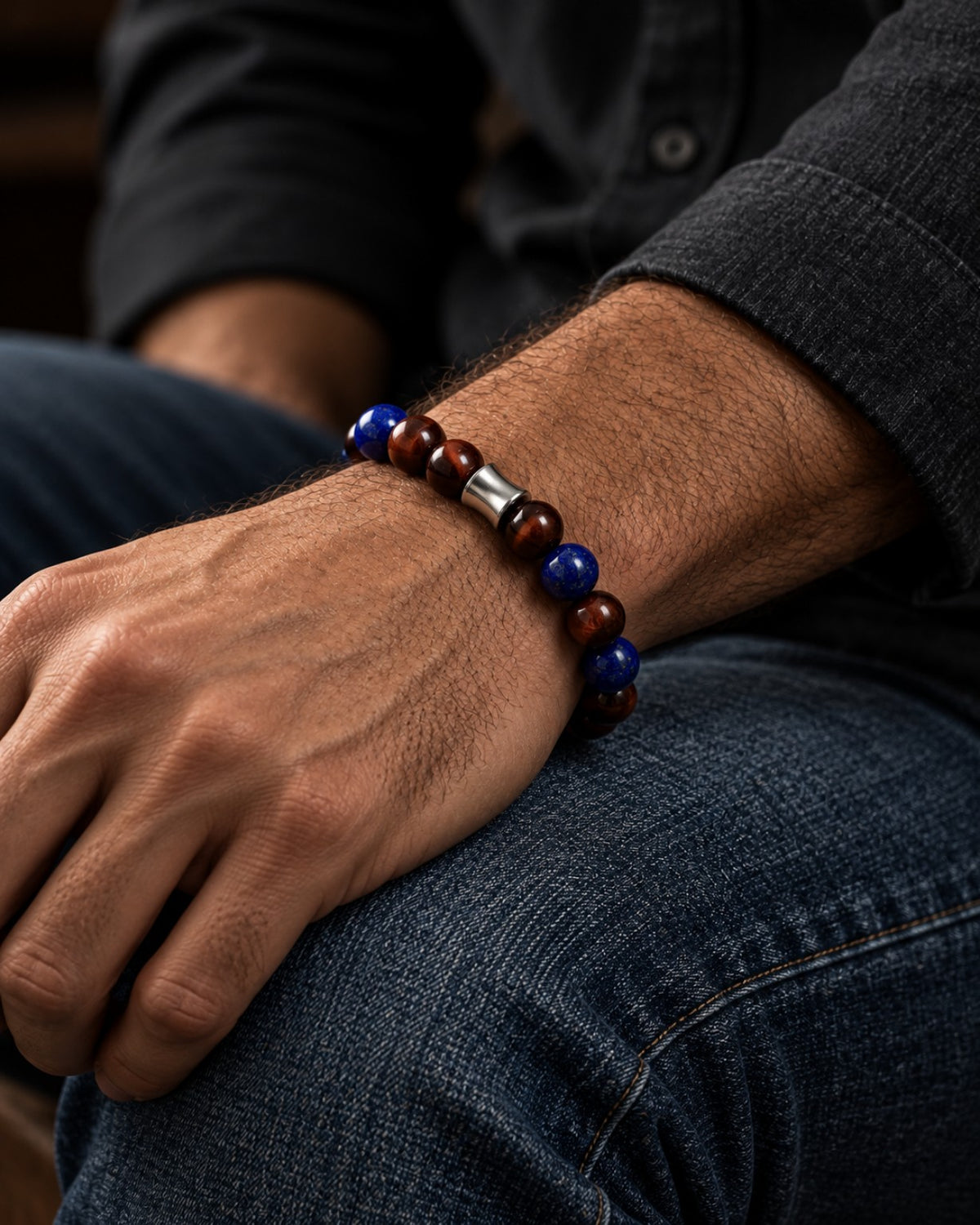 Men's Red Tiger Eye Lapis Lazuli bracelet wrist shot