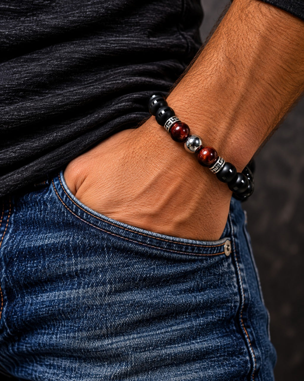Men's Red Tiger Eye Striped Matte Onyx Hematite bracelet wrist shot