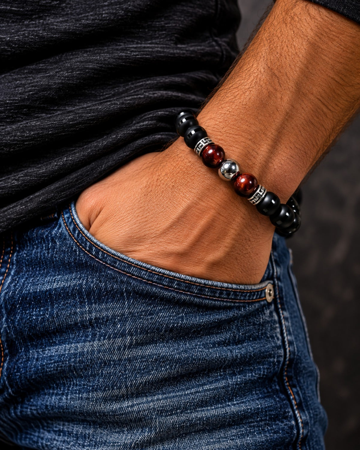 Men's Red Tiger Eye Striped Matte Onyx Hematite bracelet wrist shot