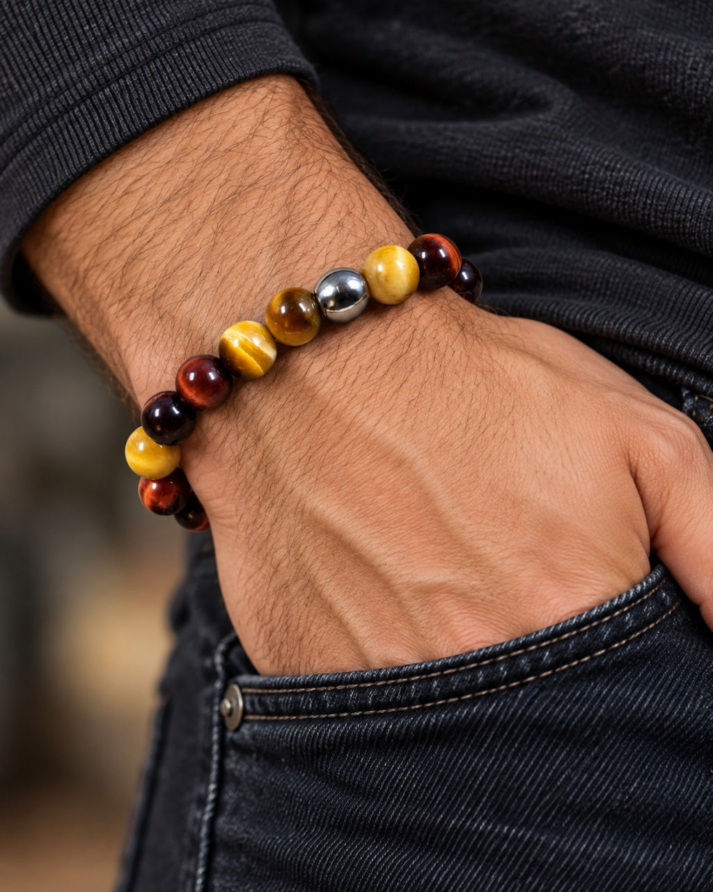 Men's Red Tiger Eye Yellow Tiger Eye bracelet wrist shot