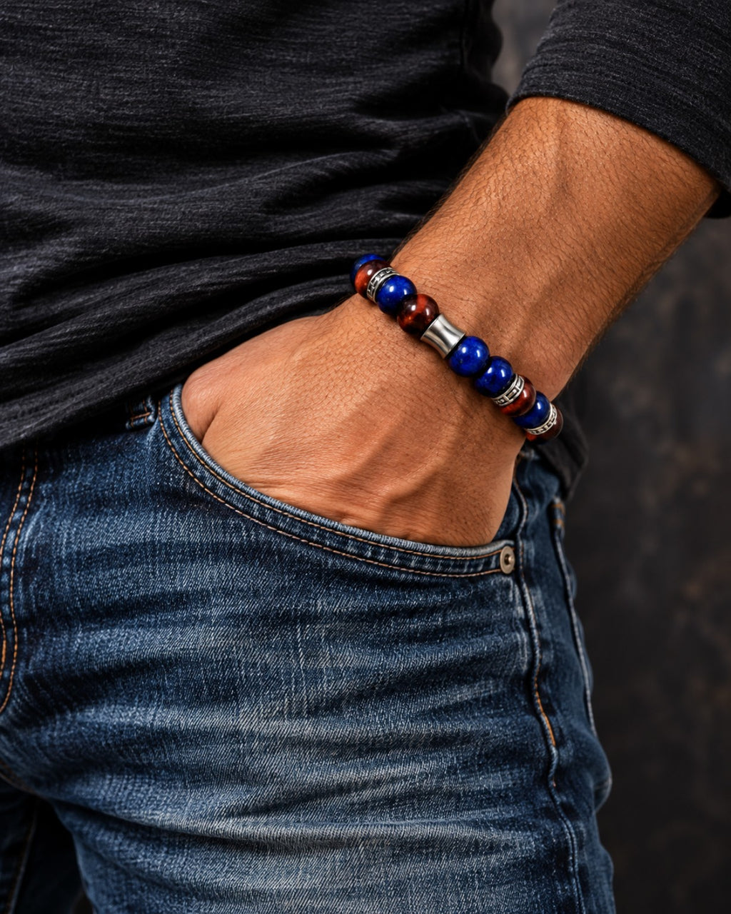 Men's Lapis Lazuli Colored Tiger Eye Red Tiger Eye bracelet wrist shot