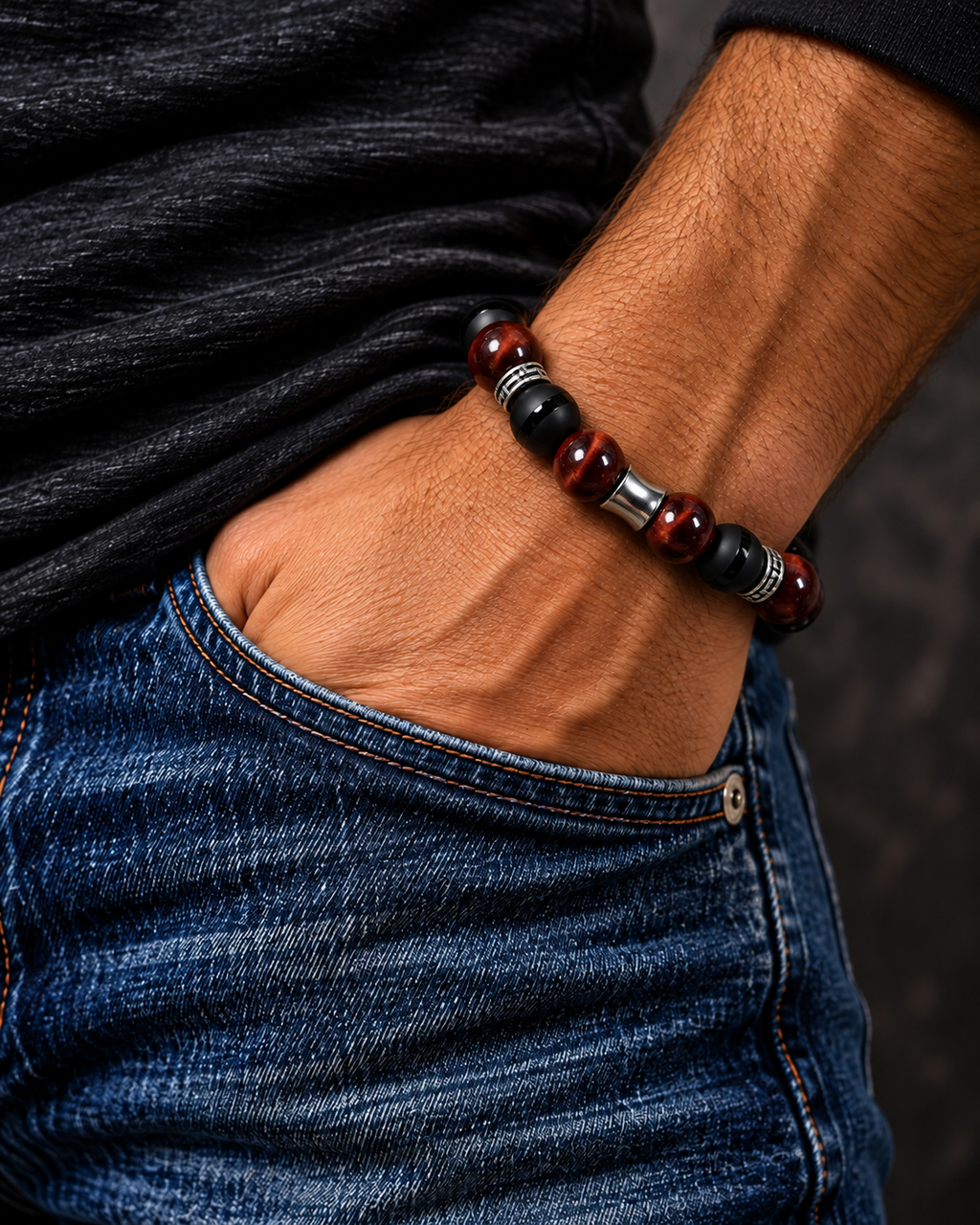 Men's handmade 10mm Striped Black Onyx and Red Tiger Eye bracelet modeled on a man's wrist