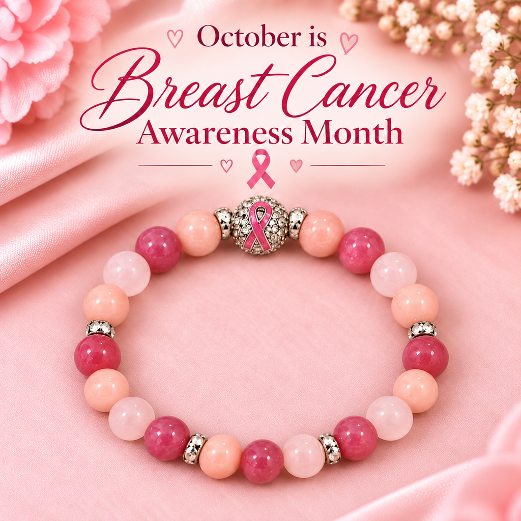 October is Breast Cancer Awareness Month pink gemstone bracelet with ribbon charm