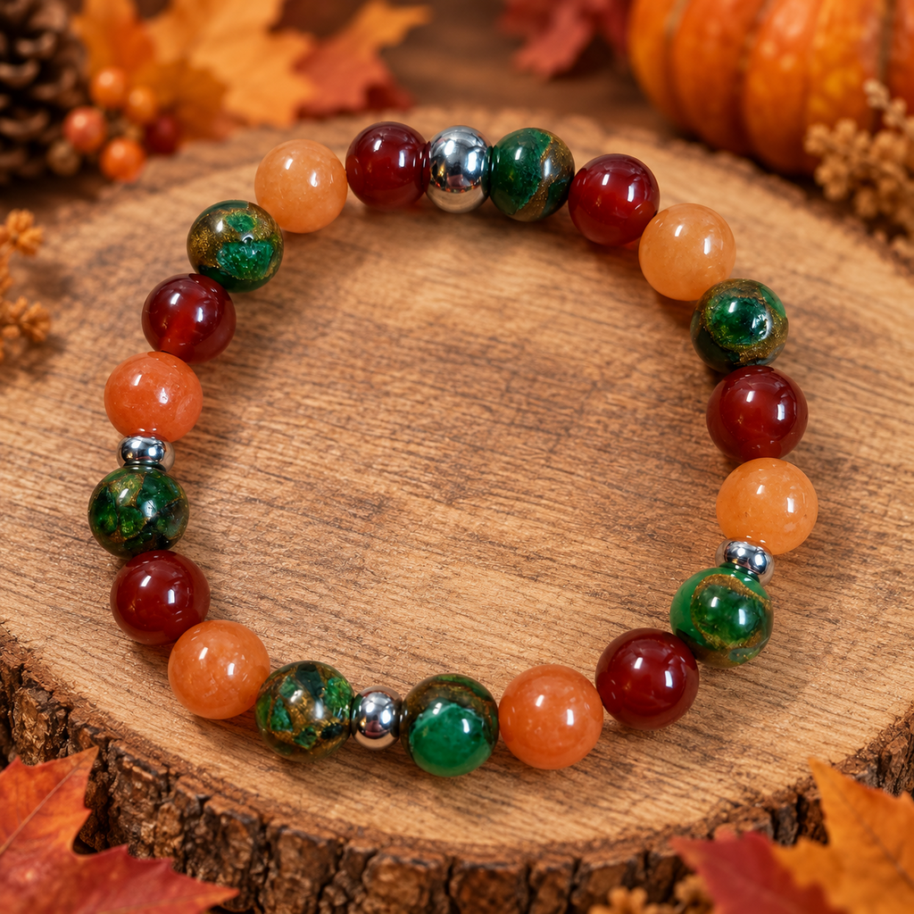 Orange Aventurine Green Impression Jasper Carnelian bracelet flat lay