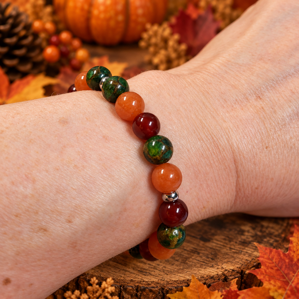 Orange Aventurine Green Impression Jasper Carnelian bracelet on wrist