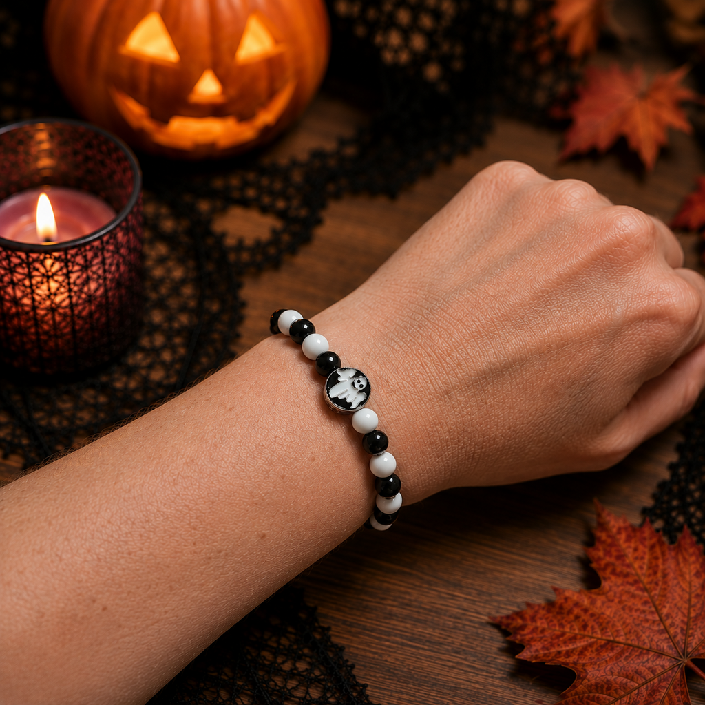 Halloween ghost bracelet worn on a wrist