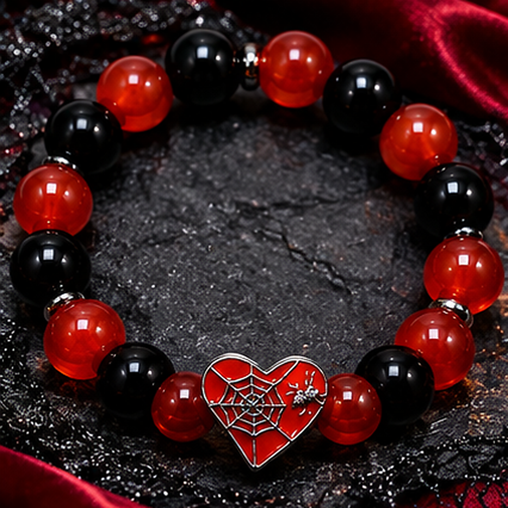 Style 3 red and black spiderweb heart Halloween bracelet on dark seasonal background