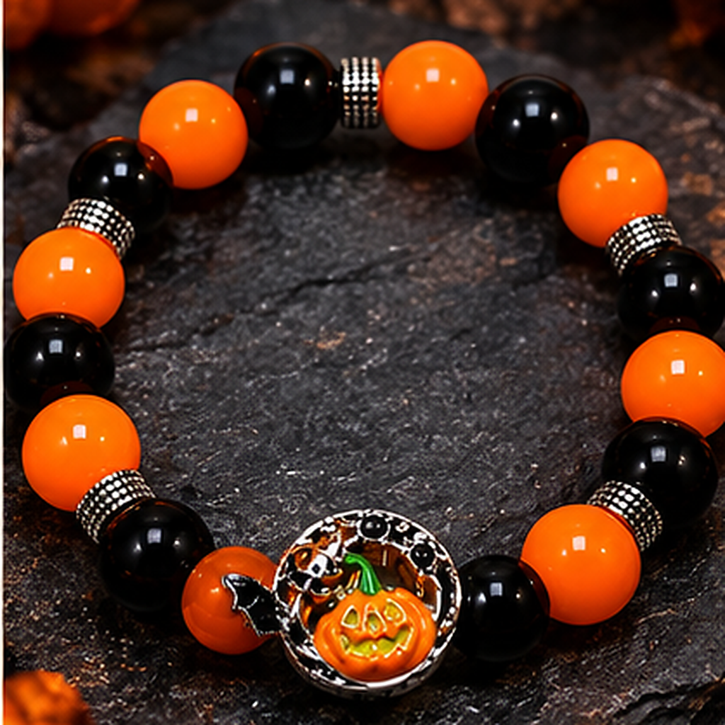 Style 4 orange and black jack-o'-lantern Halloween bracelet on dark seasonal background