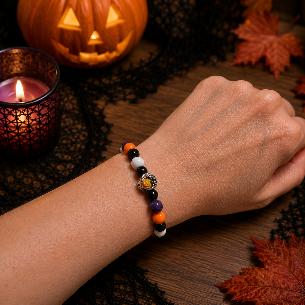 Multicolor Halloween pumpkin and skull bracelet worn on a wrist