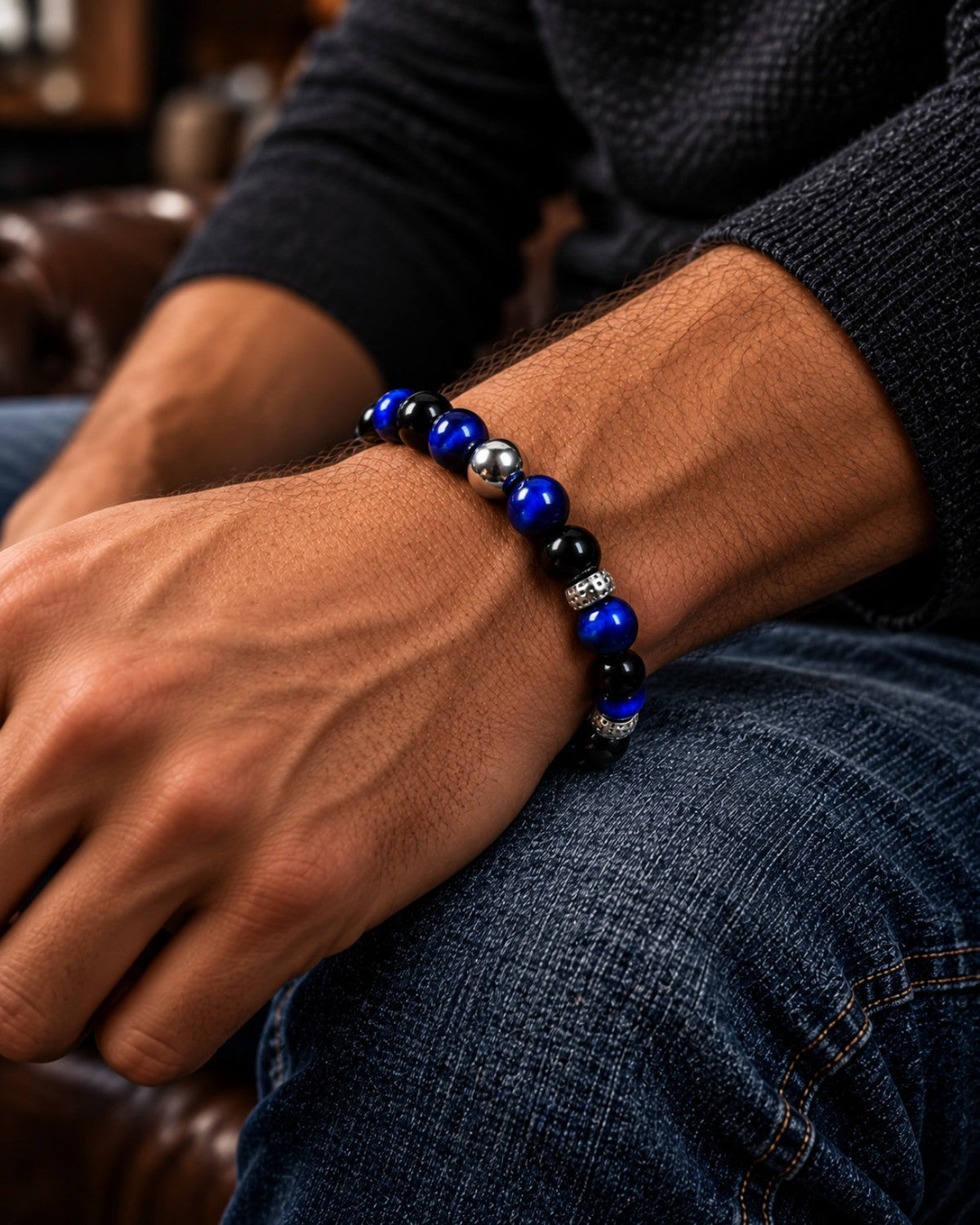 Black Onyx and Lapis Lazuli Colored Tiger Eye bracelet on a man's wrist