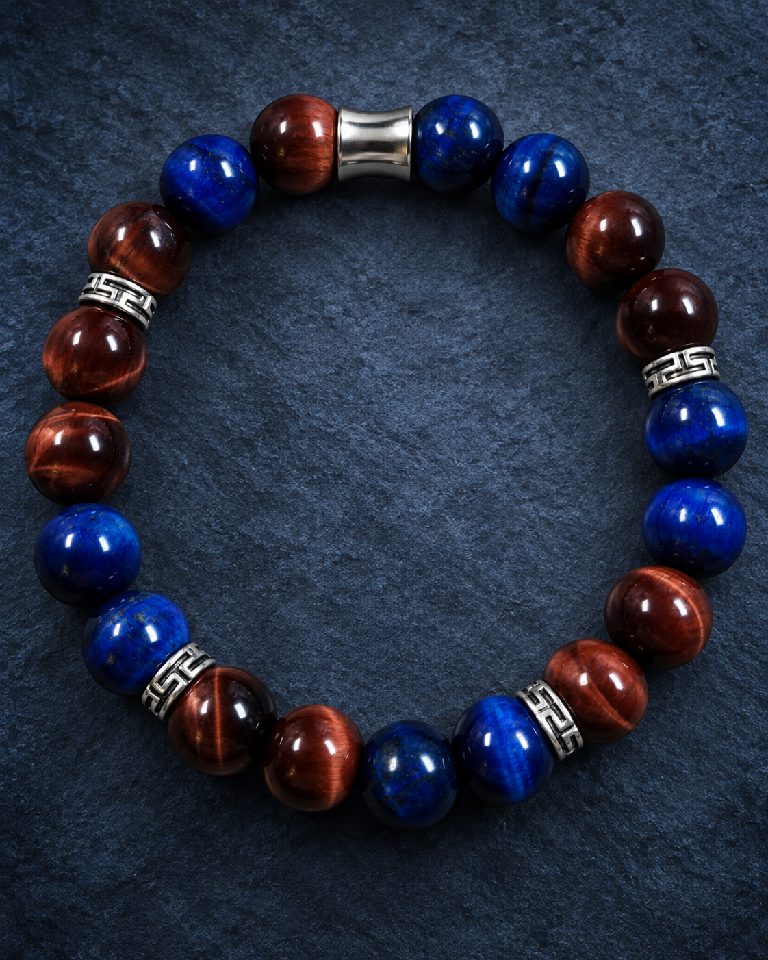 Men's Lapis Lazuli Colored Tiger Eye and Red Tiger Eye bracelet with silver-tone findings on a blue textured background
