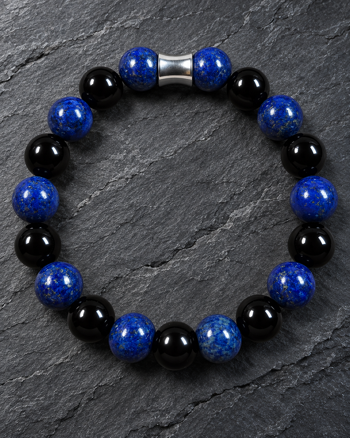 Men's Lapis Lazuli and Black Obsidian 10mm bracelet with silver-tone accent on dark slate