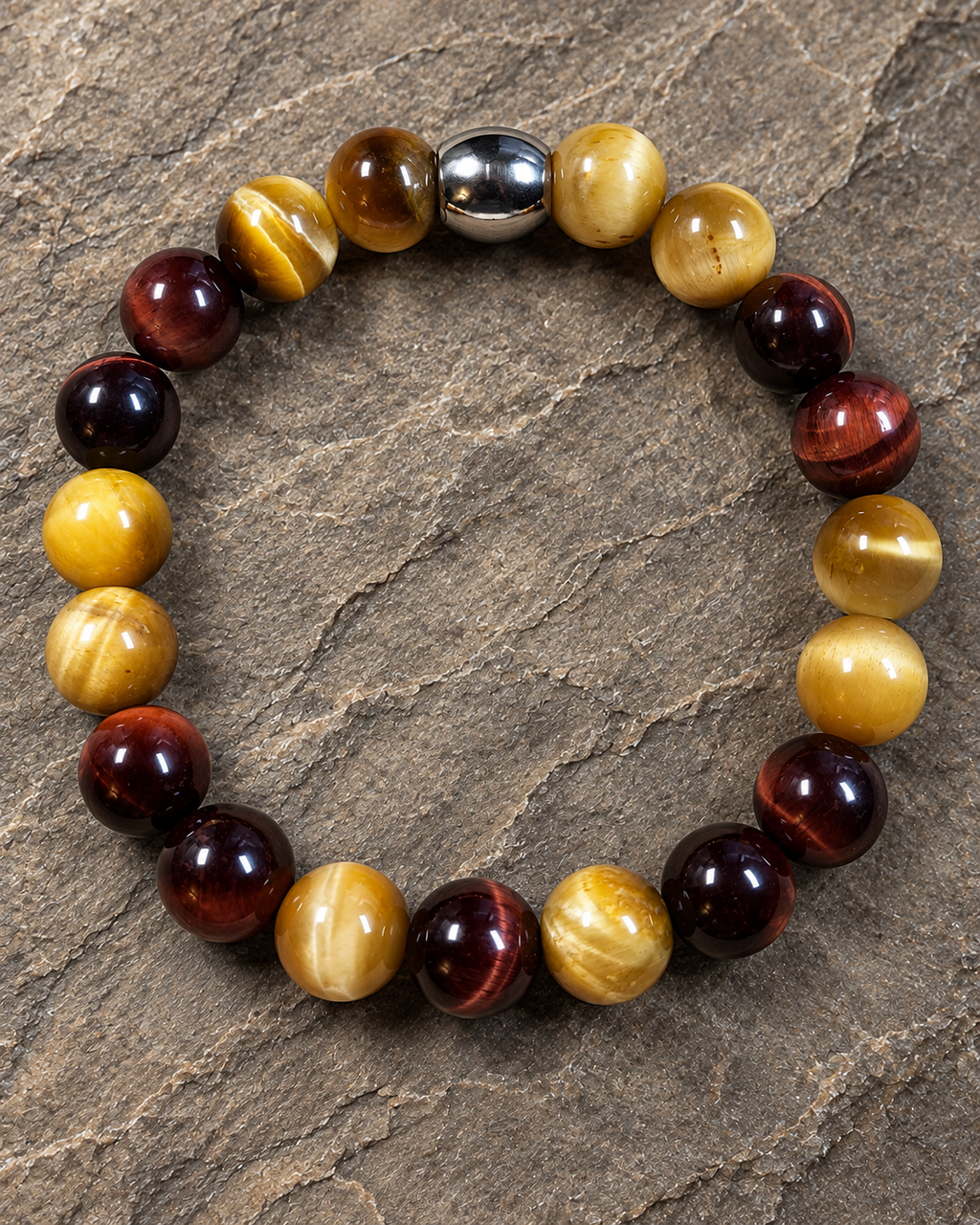 Men's red and yellow Tiger Eye 10mm bracelet with silver-tone finding against natural stone