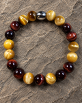 Men's red and yellow Tiger Eye 10mm bracelet with silver-tone finding against natural stone
